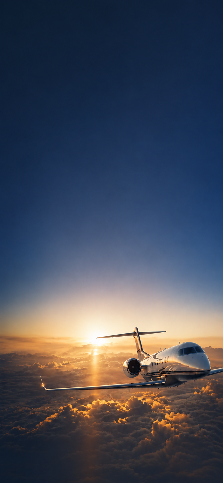 Private jet flying above clouds at sunset